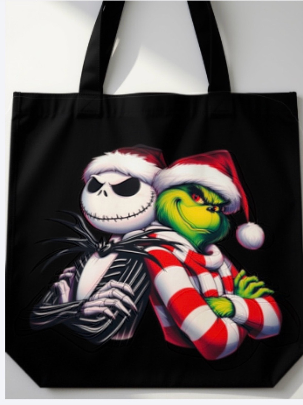 Black Holiday Graphic Tote Bag with Festive Jack Skellington & Grinch Artwork